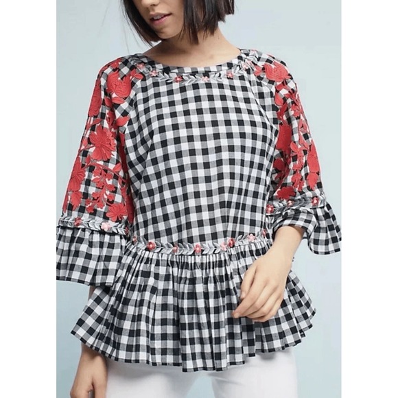 Anthropologie Tops - Anthropologie Pankaj Nidhi Gingham Swing Ruffle Embroidered Top Size XS Boho